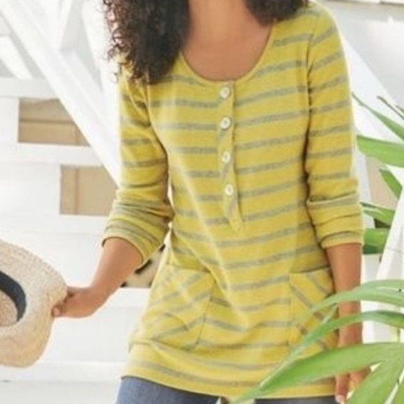 SOFT SURROUNDINGS YELLOW GRAY STRIPE PARKER TUNIC SHIRT WOMENS SZ XS - Picture 1 of 5